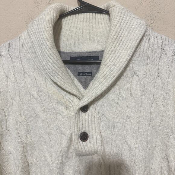 TOMMY HILFIGER Fisherman Sweater Lux Cotton Mens L Ivory shawl collar cable knit - Picture 2 of 8